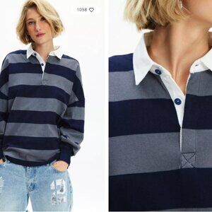 BDG Alexander Oversized Long Sleeve Rugby Shirt - Blue and Gray Stripes